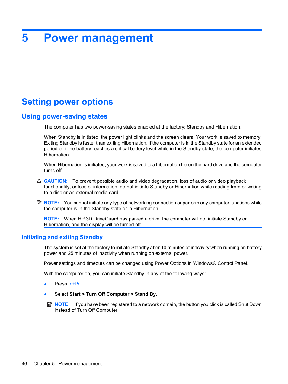 Power management, Setting power options, Using power-saving states | Initiating and exiting standby, 5 power management, 5power management | HP ProBook 5320m Notebook PC User Manual | Page 56 / 140