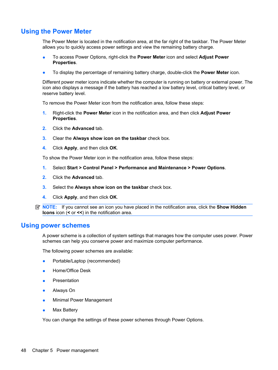 Using the power meter, Using power schemes, Using the power meter using power schemes | HP ProBook 5320m Notebook PC User Manual | Page 58 / 140