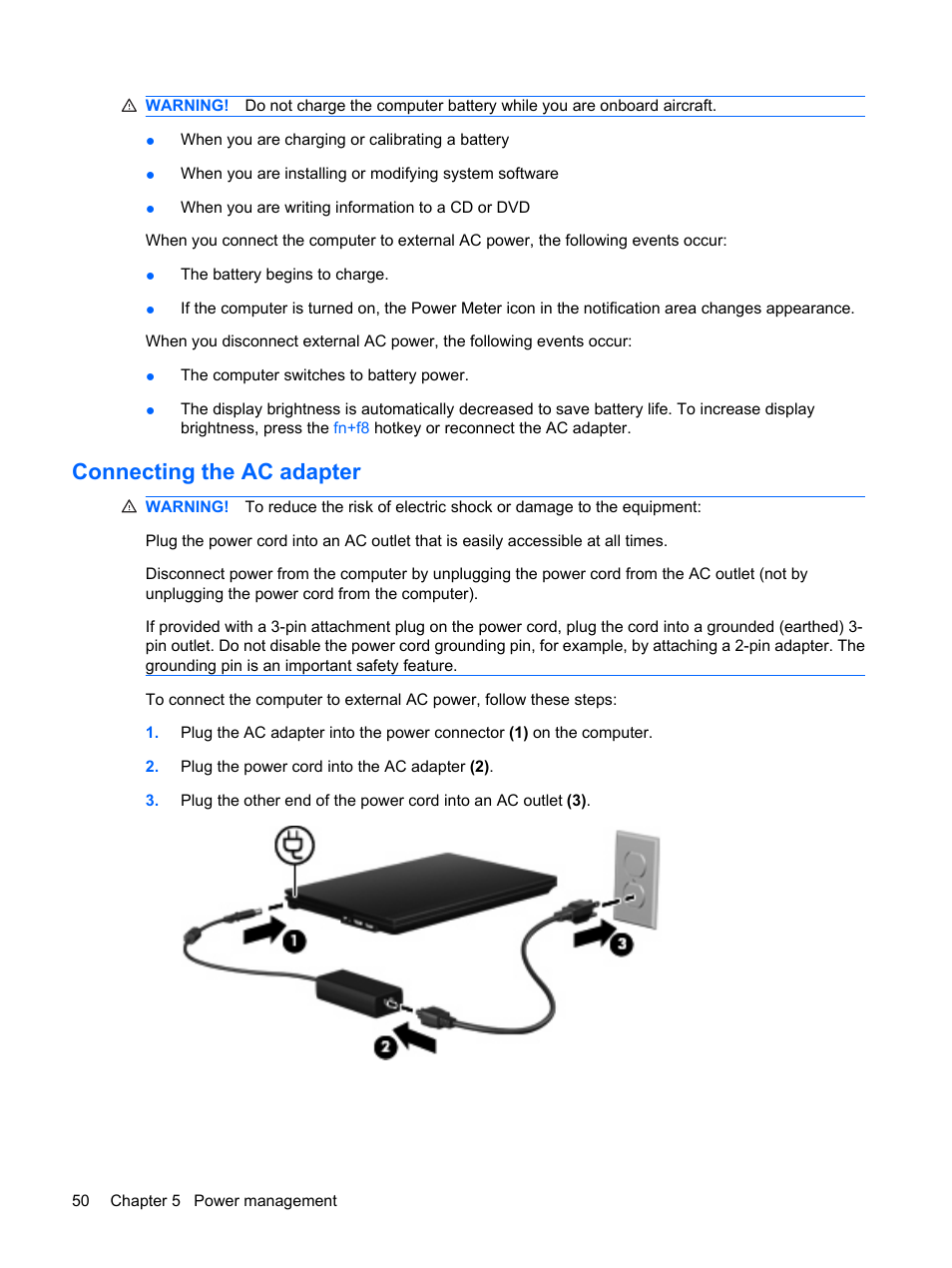 Connecting the ac adapter | HP ProBook 5320m Notebook PC User Manual | Page 60 / 140