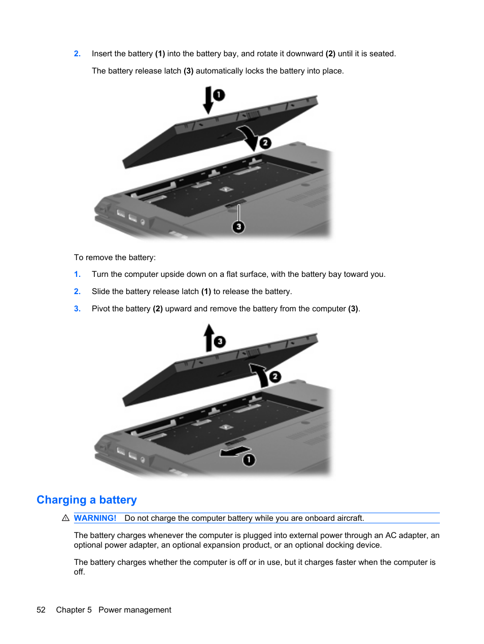 Charging a battery | HP ProBook 5320m Notebook PC User Manual | Page 62 / 140