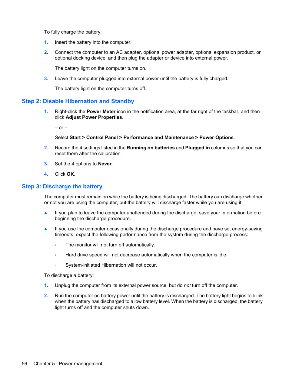 Step 2: disable hibernation and standby, Step 3: discharge the battery | HP ProBook 5320m Notebook PC User Manual | Page 66 / 140