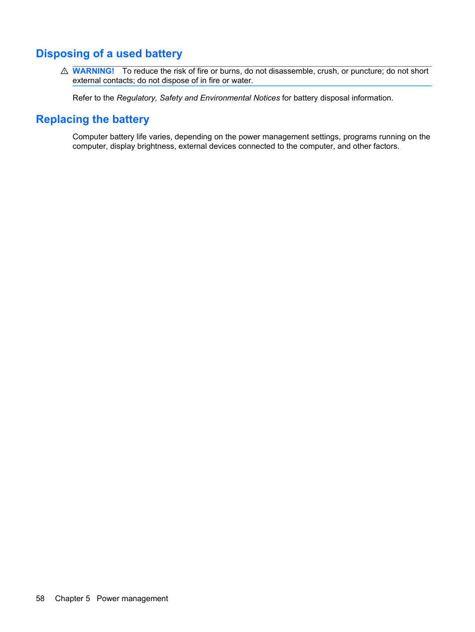 Disposing of a used battery, Replacing the battery, Disposing of a used battery replacing the battery | HP ProBook 5320m Notebook PC User Manual | Page 68 / 140