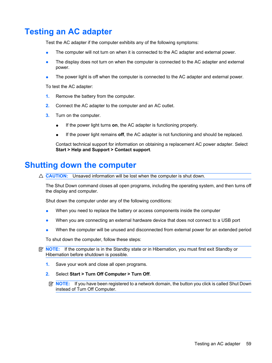 Testing an ac adapter, Shutting down the computer, Testing an ac adapter shutting down the computer | HP ProBook 5320m Notebook PC User Manual | Page 69 / 140