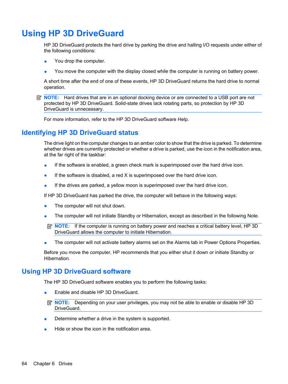 Using hp 3d driveguard, Identifying hp 3d driveguard status, Using hp 3d driveguard software | HP ProBook 5320m Notebook PC User Manual | Page 74 / 140