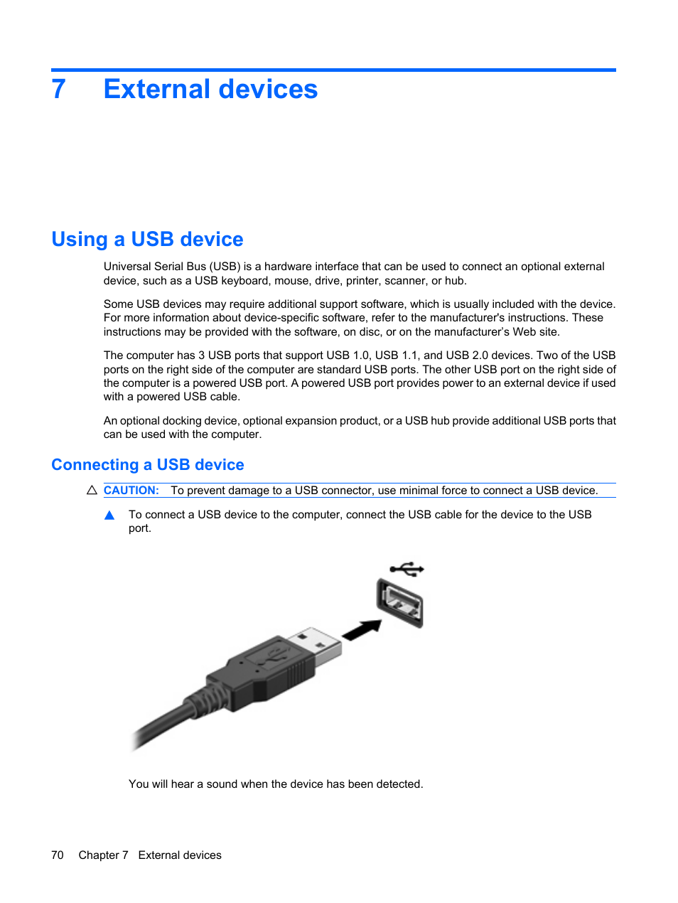 External devices, Using a usb device, Connecting a usb device | 7 external devices, 7external devices | HP ProBook 5320m Notebook PC User Manual | Page 80 / 140