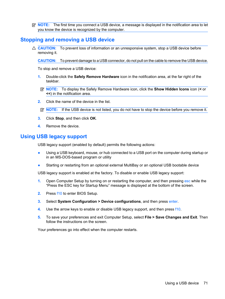 Stopping and removing a usb device, Using usb legacy support | HP ProBook 5320m Notebook PC User Manual | Page 81 / 140