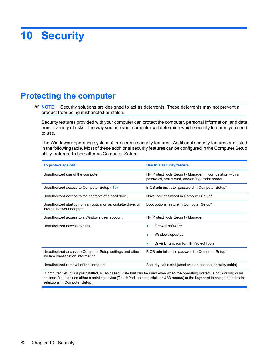 Security, Protecting the computer, 10 security | HP ProBook 5320m Notebook PC User Manual | Page 92 / 140