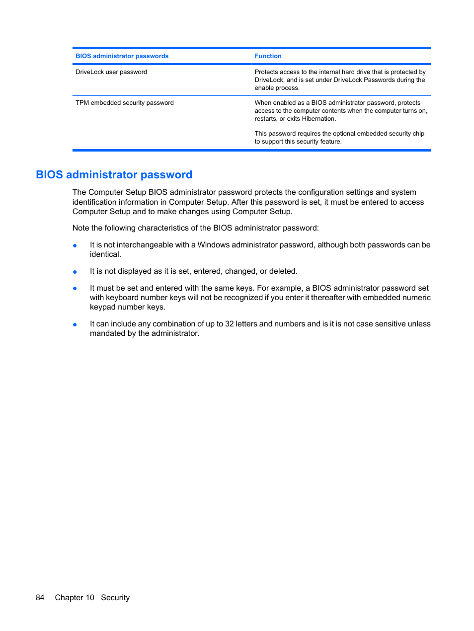 Bios administrator password | HP ProBook 5320m Notebook PC User Manual | Page 94 / 140