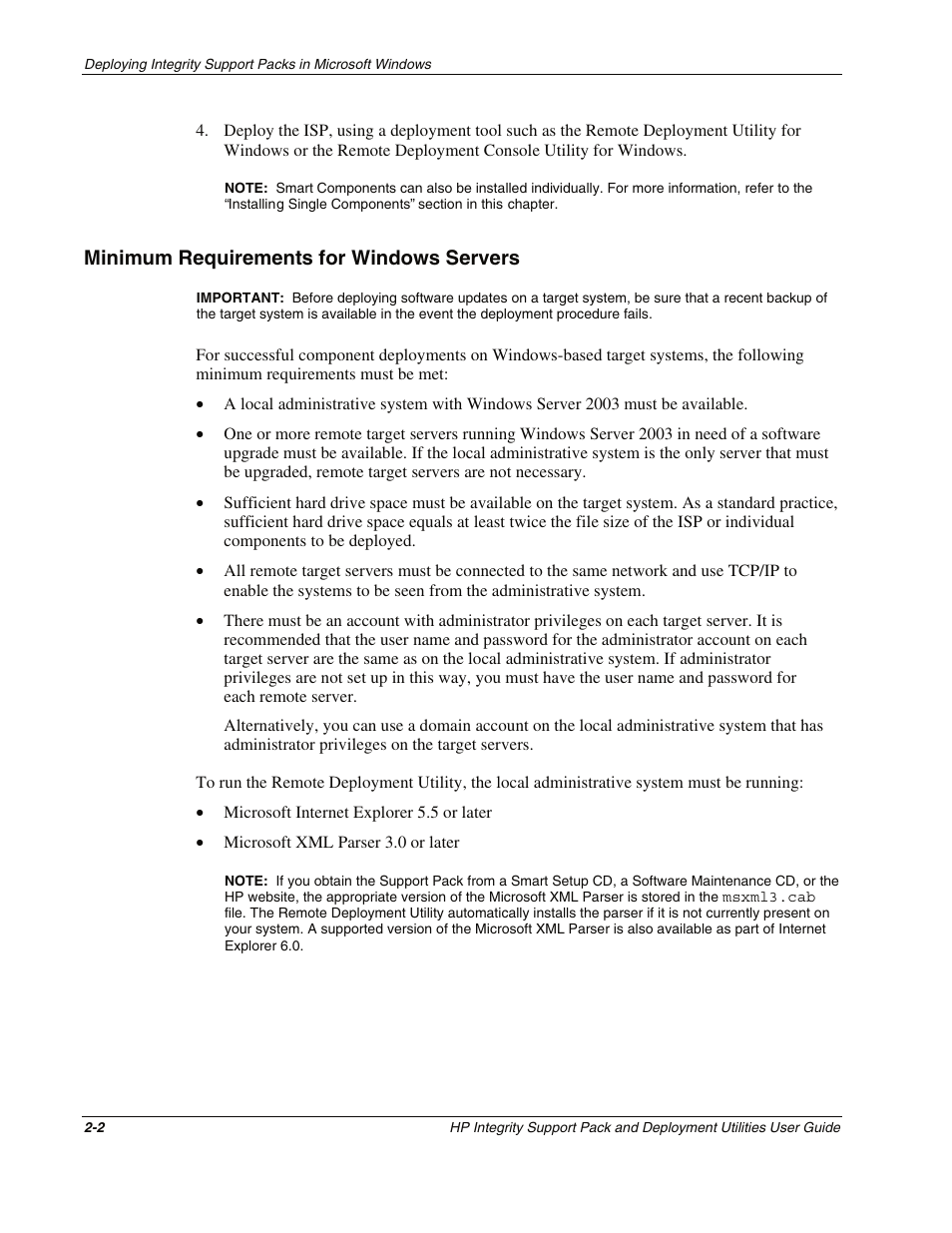 Minimum requirements for windows servers, Minimum requirements for windows servers -2 | HP Integrity rx4640 Server User Manual | Page 12 / 48