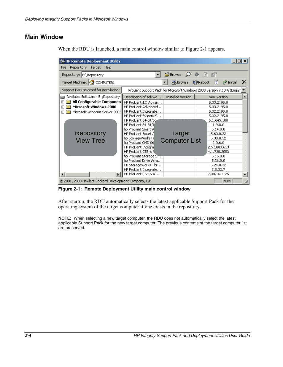 Main window, Main window -4, Target computer list | Repository view tree | HP Integrity rx4640 Server User Manual | Page 14 / 48
