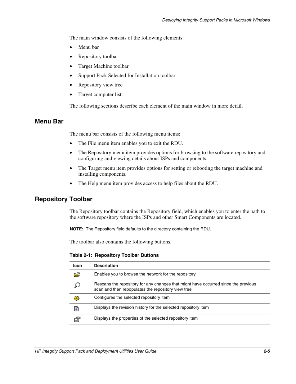 Menu bar, Repository toolbar, Menu bar -5 | Repository toolbar -5 | HP Integrity rx4640 Server User Manual | Page 15 / 48