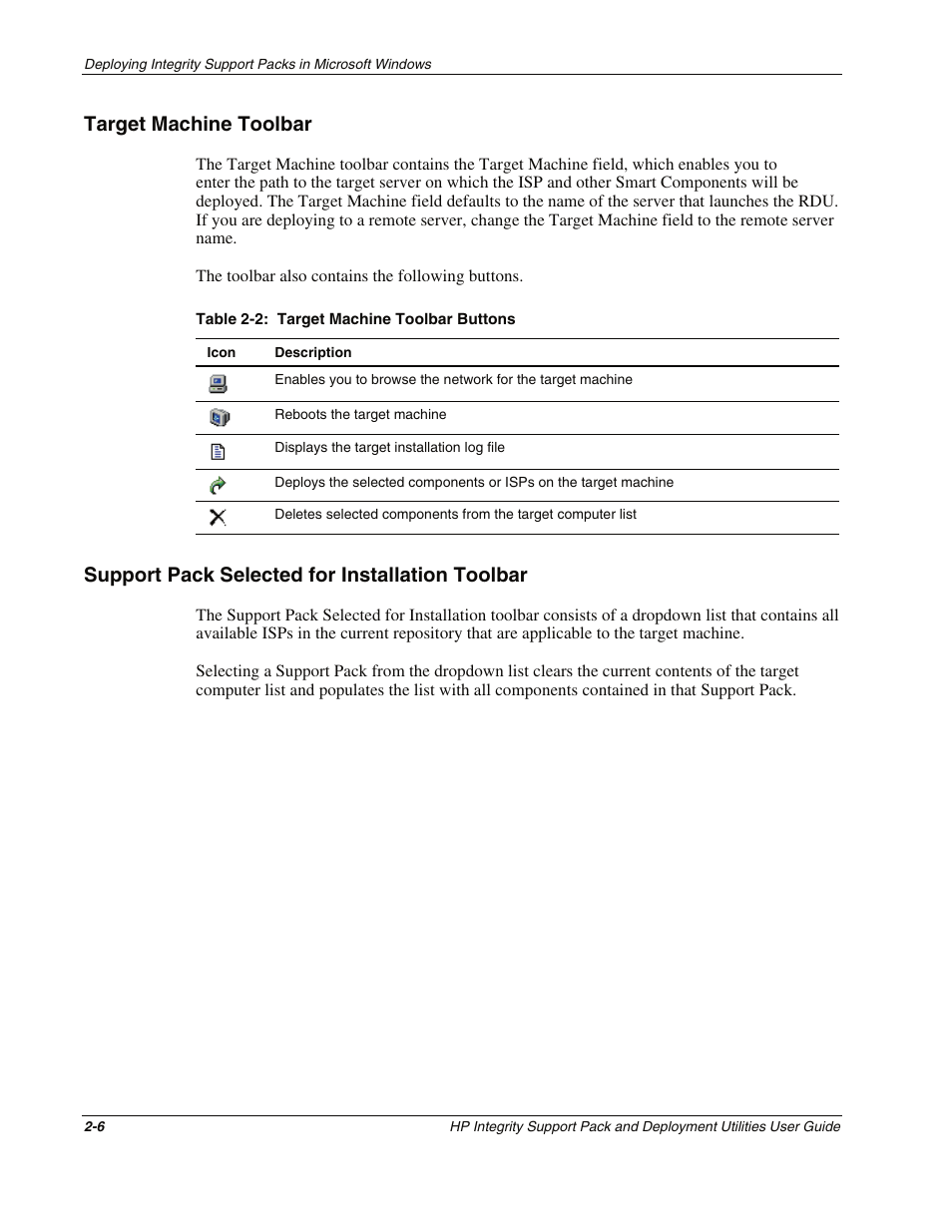 Target machine toolbar, Support pack selected for installation toolbar, Target machine toolbar -6 | Support pack selected for installation toolbar -6 | HP Integrity rx4640 Server User Manual | Page 16 / 48