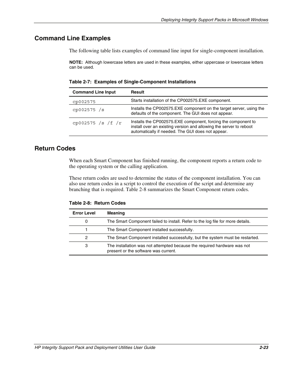 Command line examples, Return codes, Command line examples -23 | Return codes -23 | HP Integrity rx4640 Server User Manual | Page 33 / 48
