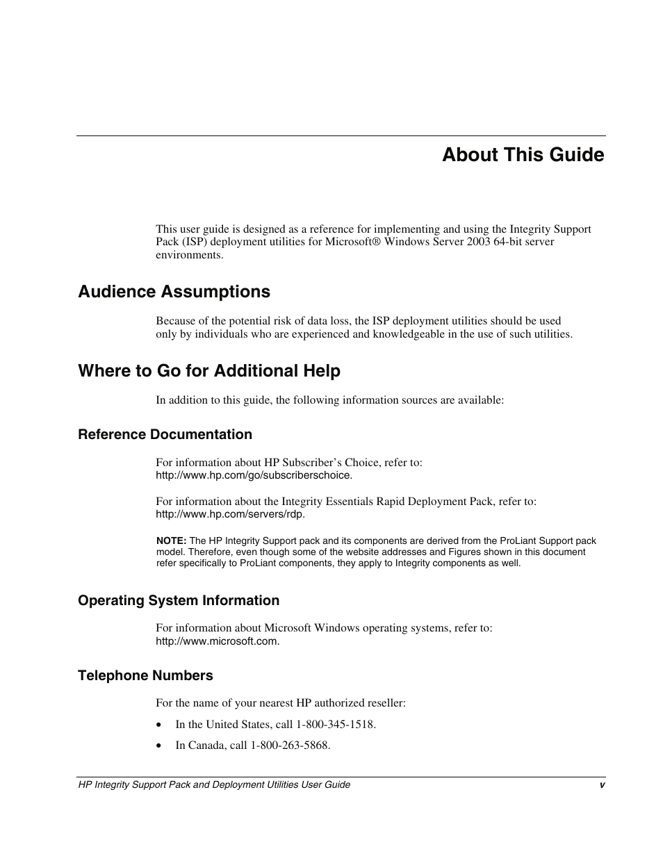 About this guide, Audience assumptions, Where to go for additional help | Reference documentation, Operating system information, Telephone numbers | HP Integrity rx4640 Server User Manual | Page 5 / 48