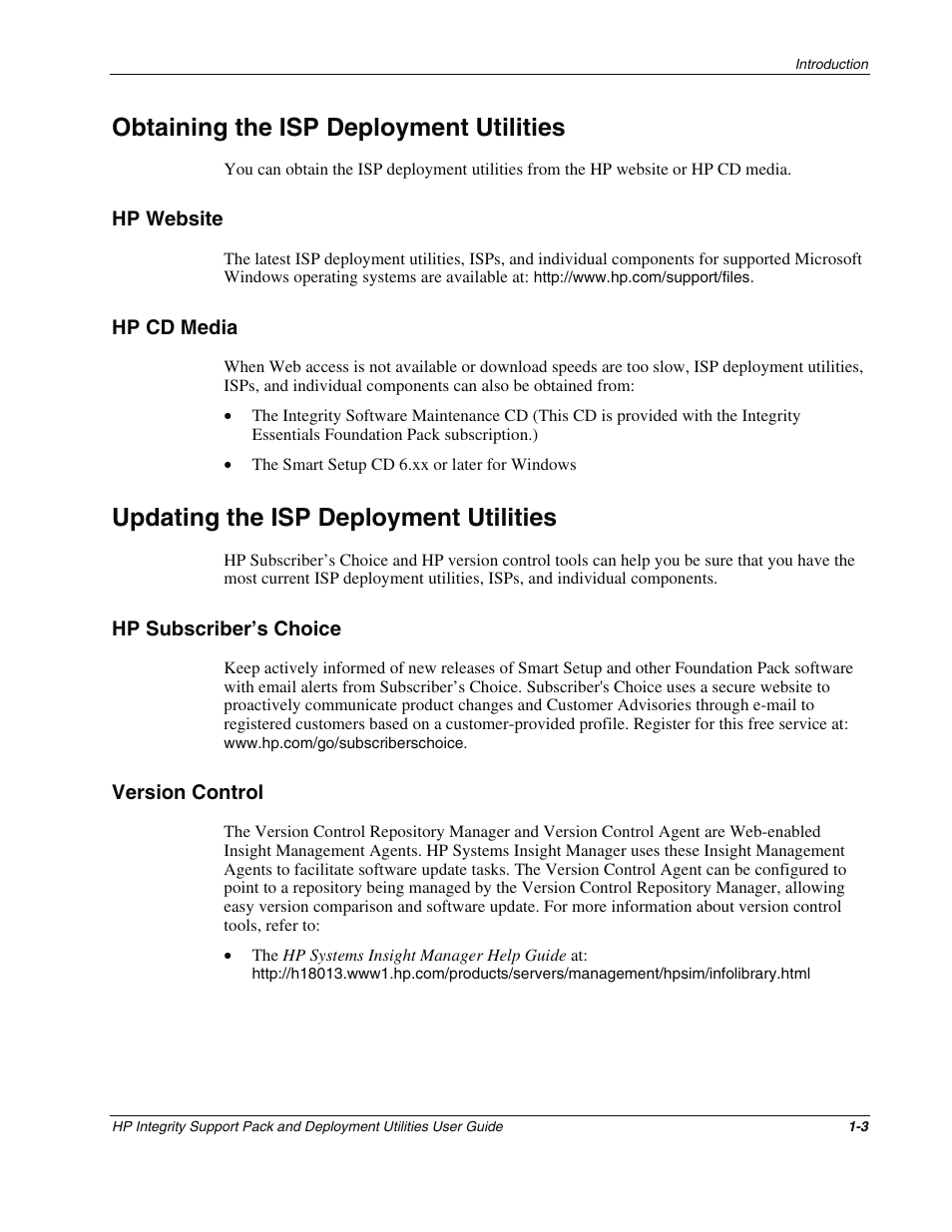 Obtaining the isp deployment utilities, Hp website, Hp cd media | Updating the isp deployment utilities, Hp subscriber’s choice, Version control, Obtaining the isp deployment utilities -3, Hp website -3, Hp cd media -3, Updating the isp deployment utilities -3 | HP Integrity rx4640 Server User Manual | Page 9 / 48