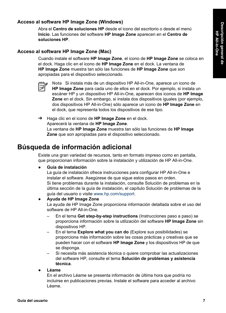 Acceso al software hp image zone (windows), Acceso al software hp image zone (mac), Búsqueda de información adicional | HP Equipo multifunción HP PSC 1417 Impresora Escáner Copiadora User Manual | Page 11 / 68