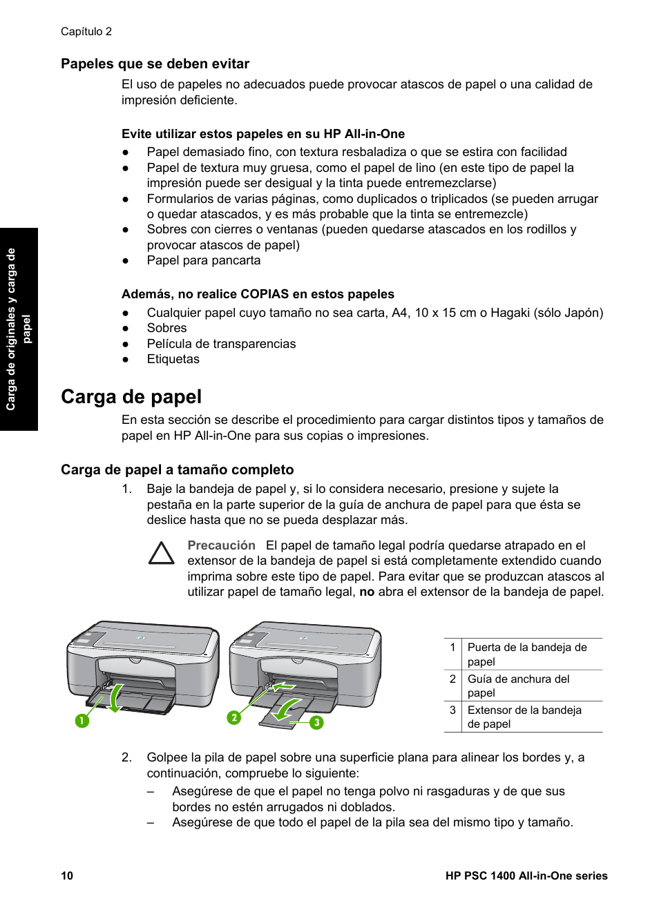 Papeles que se deben evitar, Carga de papel, Carga de papel a tamaño completo | HP Equipo multifunción HP PSC 1417 Impresora Escáner Copiadora User Manual | Page 14 / 68