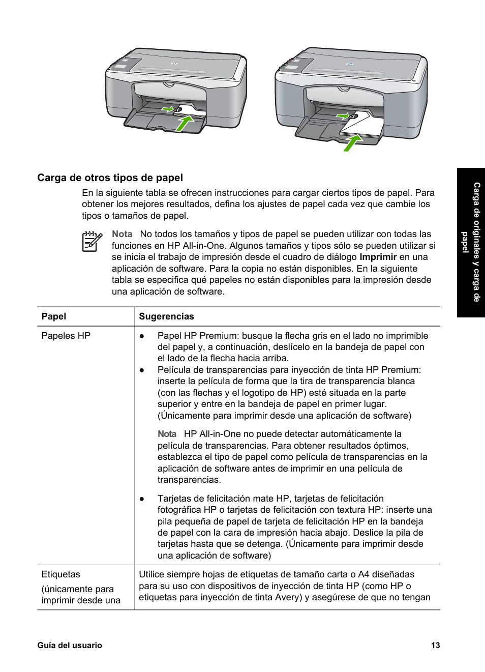 Carga de otros tipos de papel | HP Equipo multifunción HP PSC 1417 Impresora Escáner Copiadora User Manual | Page 17 / 68