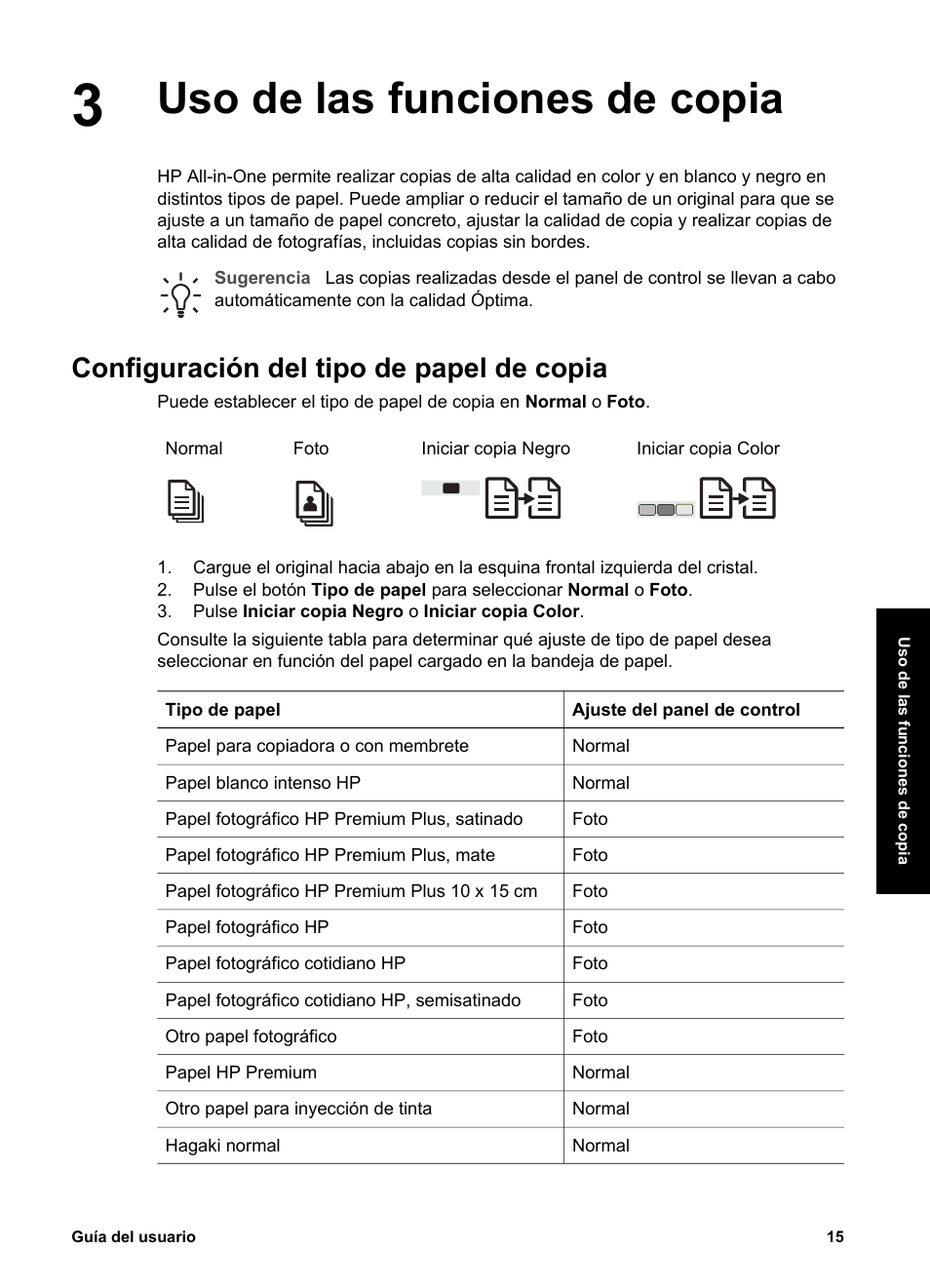 Uso de las funciones de copia, Configuración del tipo de papel de copia | HP Equipo multifunción HP PSC 1417 Impresora Escáner Copiadora User Manual | Page 19 / 68