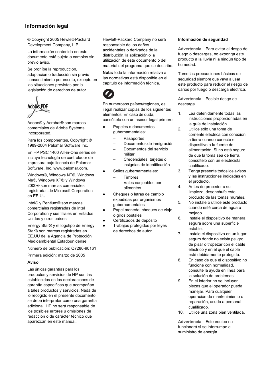 Información legal | HP Equipo multifunción HP PSC 1417 Impresora Escáner Copiadora User Manual | Page 2 / 68