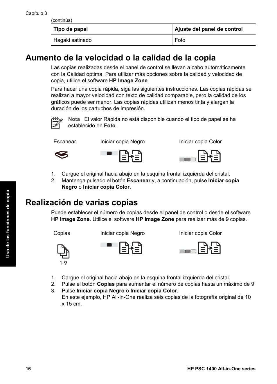 Aumento de la velocidad o la calidad de la copia, Realización de varias copias | HP Equipo multifunción HP PSC 1417 Impresora Escáner Copiadora User Manual | Page 20 / 68