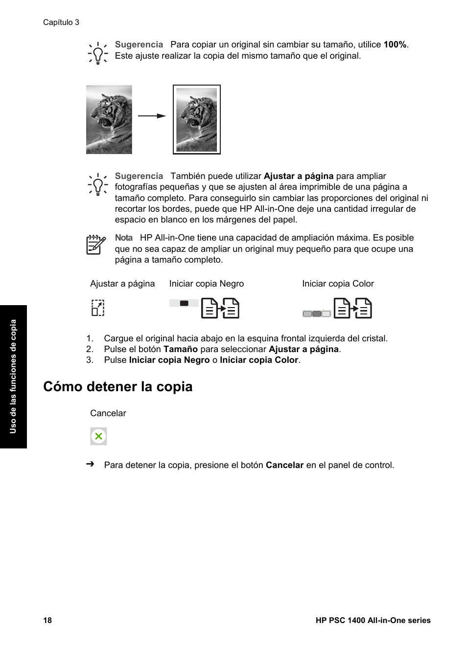 Cómo detener la copia | HP Equipo multifunción HP PSC 1417 Impresora Escáner Copiadora User Manual | Page 22 / 68