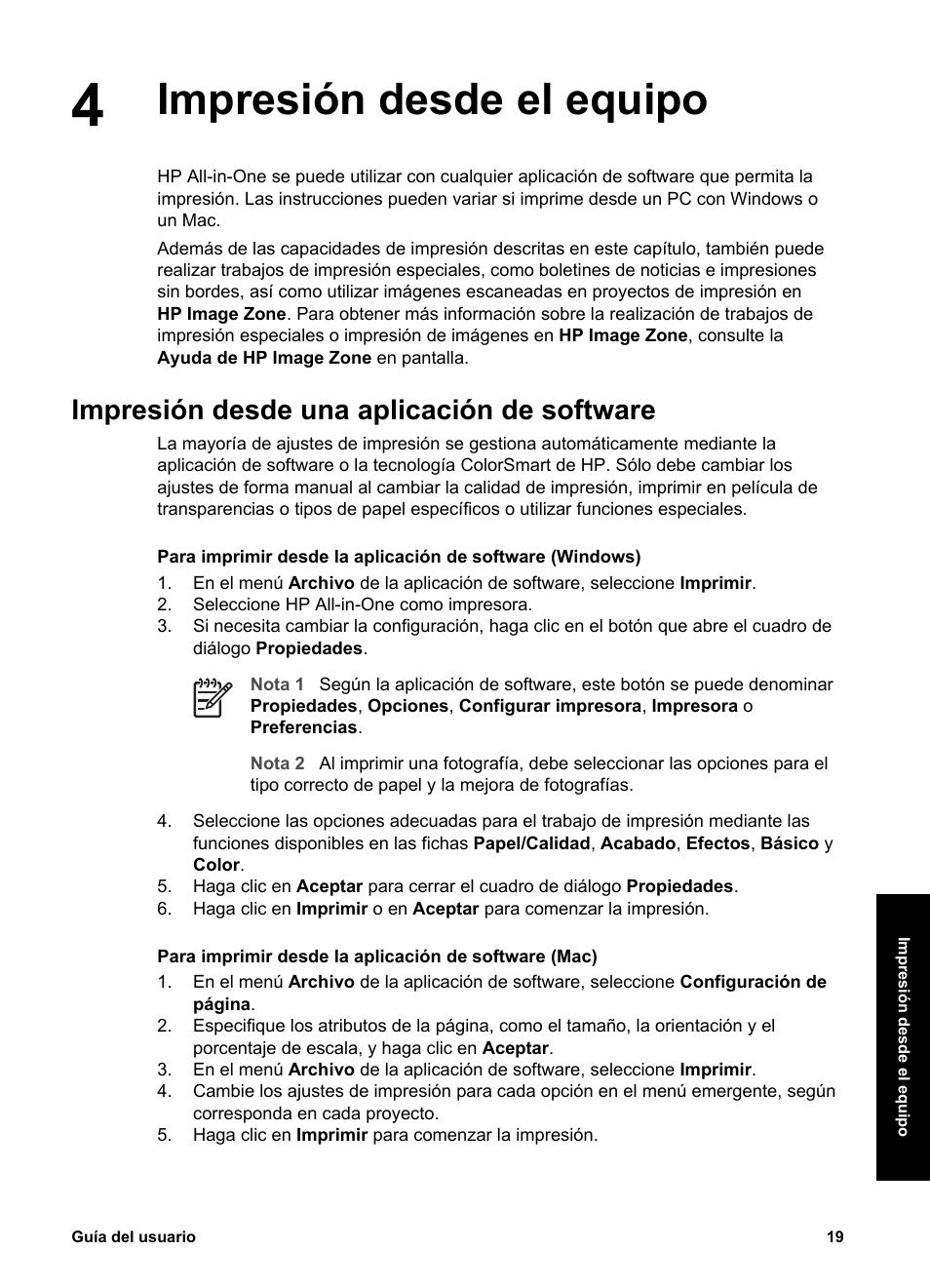 Impresión desde el equipo, Impresión desde una aplicación de software | HP Equipo multifunción HP PSC 1417 Impresora Escáner Copiadora User Manual | Page 23 / 68