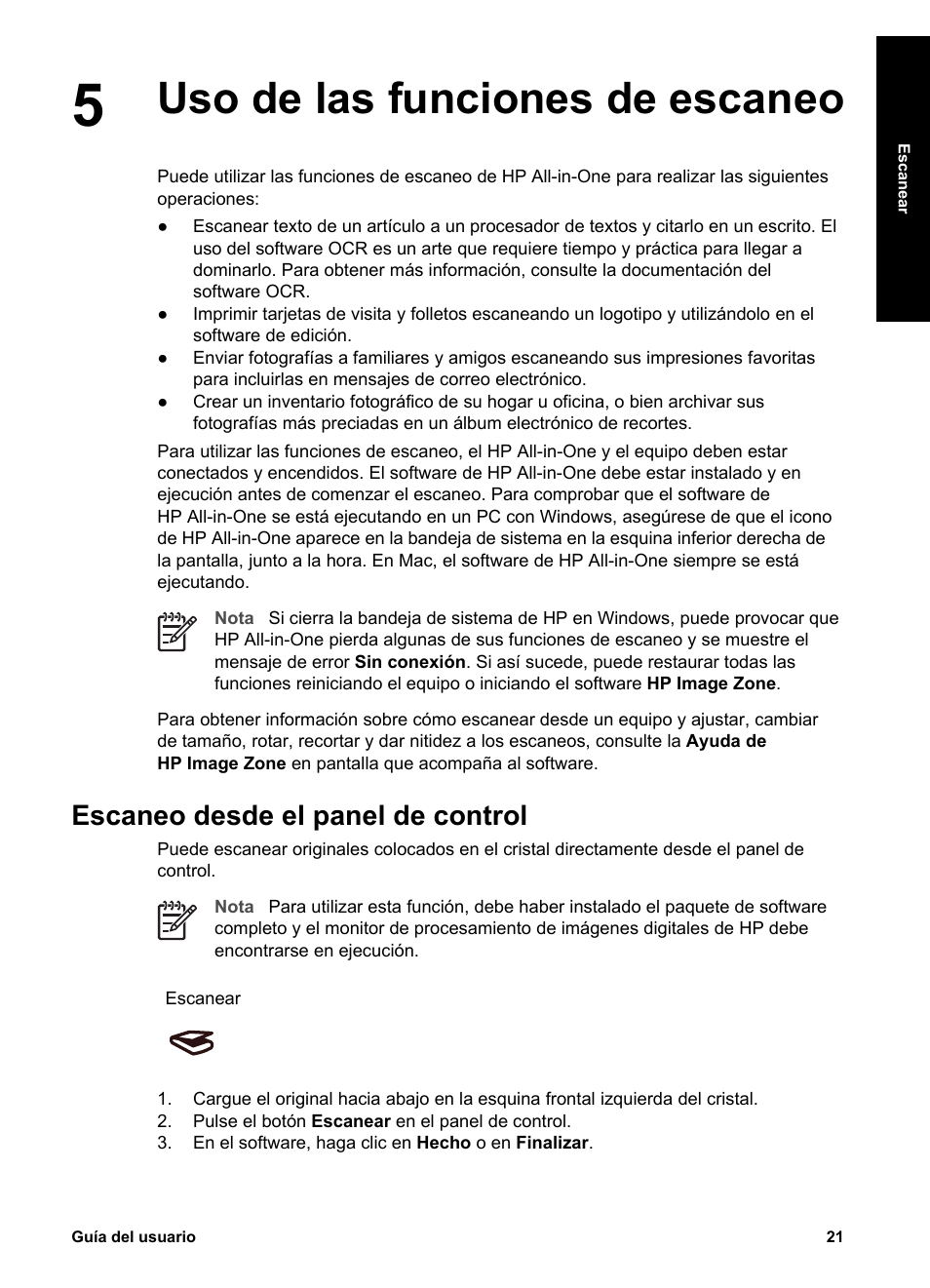 Uso de las funciones de escaneo, Escaneo desde el panel de control | HP Equipo multifunción HP PSC 1417 Impresora Escáner Copiadora User Manual | Page 25 / 68