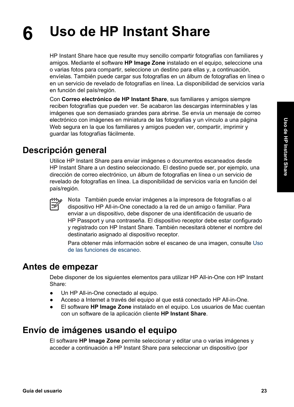 Uso de hp instant share, Descripción general, Antes de empezar | Envío de imágenes usando el equipo | HP Equipo multifunción HP PSC 1417 Impresora Escáner Copiadora User Manual | Page 27 / 68