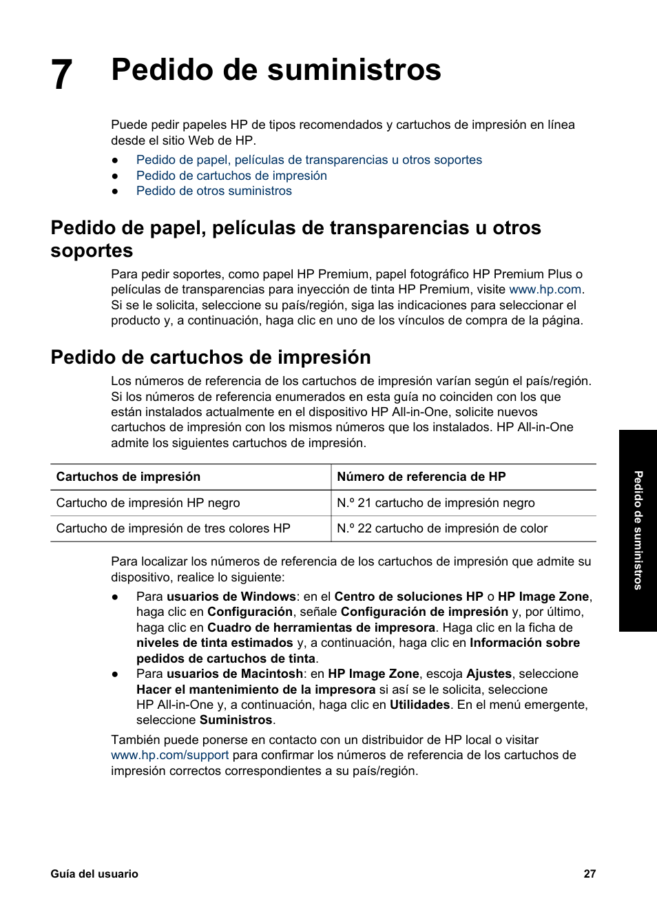 Pedido de suministros, Pedido de cartuchos de impresión | HP Equipo multifunción HP PSC 1417 Impresora Escáner Copiadora User Manual | Page 31 / 68