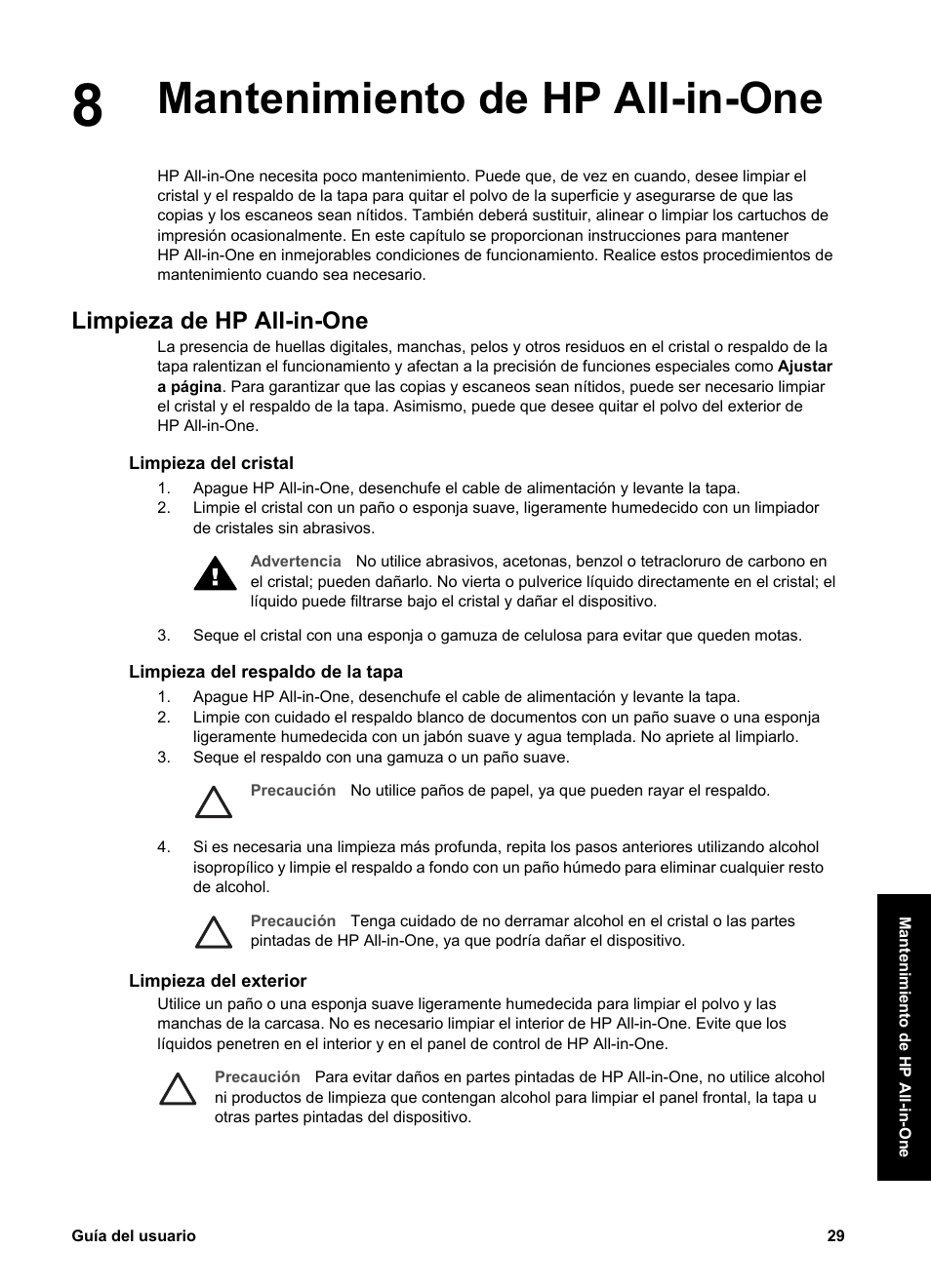 Mantenimiento de hp all‑in‑one, Limpieza de hp all‑in‑one, Limpieza del cristal | Limpieza del respaldo de la tapa, Limpieza del exterior, Mantenimiento de hp all-in-one, Limpieza de hp all-in-one | HP Equipo multifunción HP PSC 1417 Impresora Escáner Copiadora User Manual | Page 33 / 68