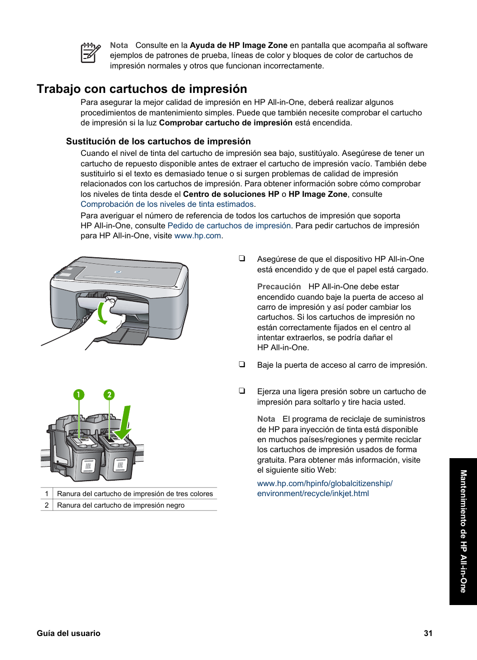 Trabajo con cartuchos de impresión, Sustitución de los cartuchos de impresión | HP Equipo multifunción HP PSC 1417 Impresora Escáner Copiadora User Manual | Page 35 / 68