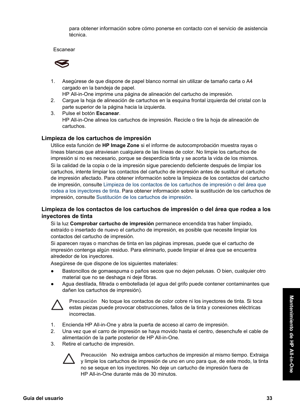 Limpieza de los cartuchos de impresión | HP Equipo multifunción HP PSC 1417 Impresora Escáner Copiadora User Manual | Page 37 / 68