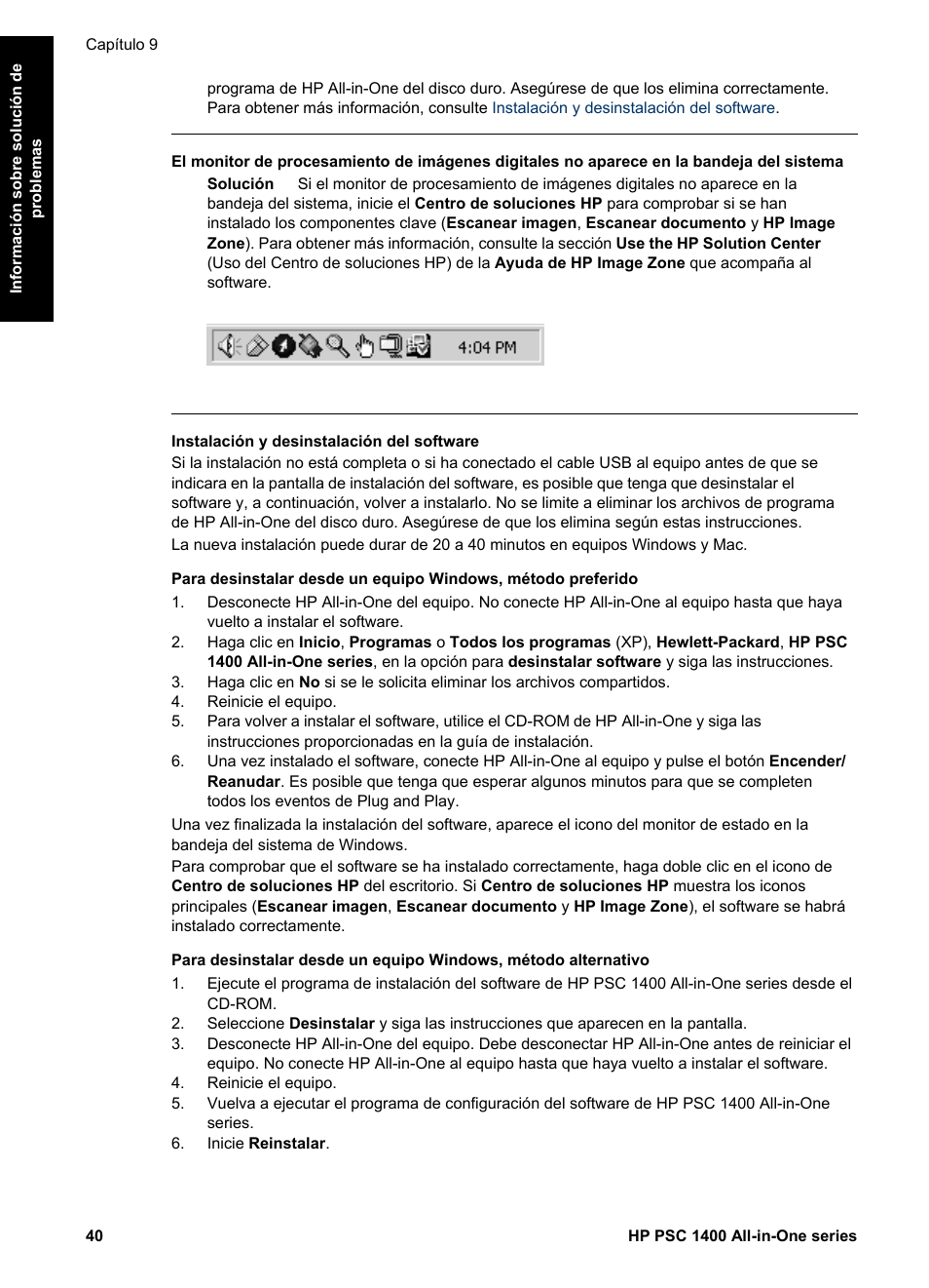 Instalación y desinstalación del software, Instalación y, Desinstalación del software | HP Equipo multifunción HP PSC 1417 Impresora Escáner Copiadora User Manual | Page 44 / 68