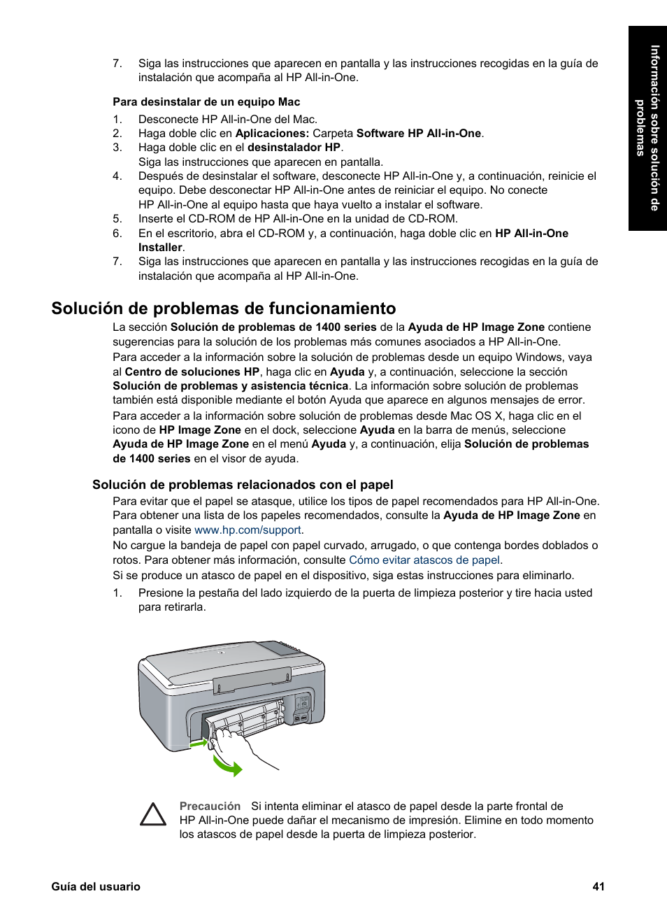 Solución de problemas de funcionamiento, Solución de problemas relacionados con el papel | HP Equipo multifunción HP PSC 1417 Impresora Escáner Copiadora User Manual | Page 45 / 68