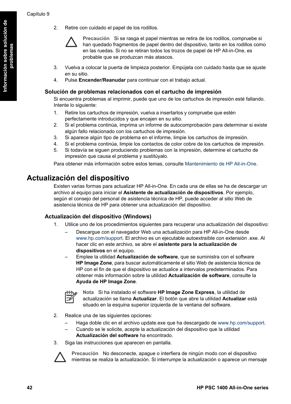 Actualización del dispositivo, Actualización del dispositivo (windows) | HP Equipo multifunción HP PSC 1417 Impresora Escáner Copiadora User Manual | Page 46 / 68