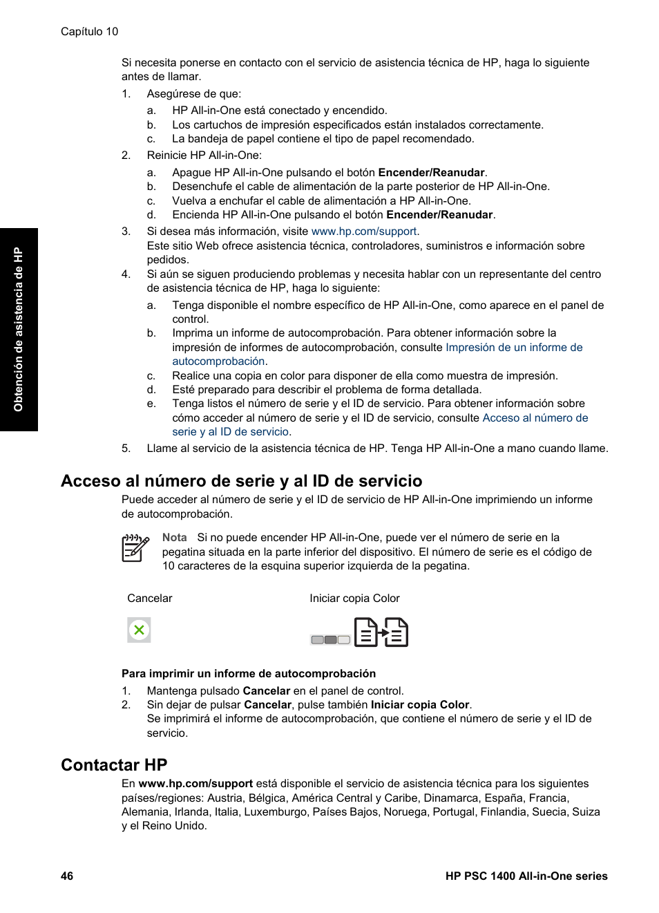 Acceso al número de serie y al id de servicio, Contactar hp, Consulte | Contactar | HP Equipo multifunción HP PSC 1417 Impresora Escáner Copiadora User Manual | Page 50 / 68