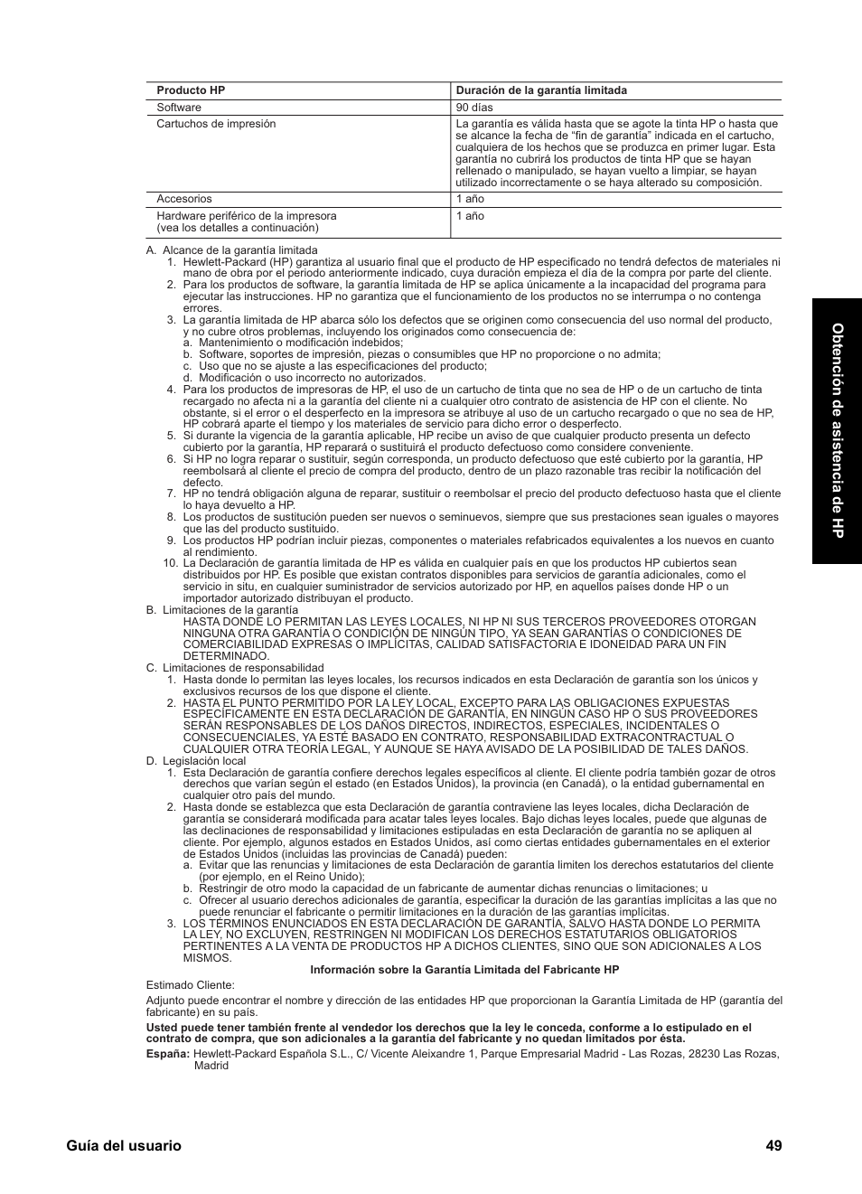 Guía del usuario 49 obtención de asistencia de hp | HP Equipo multifunción HP PSC 1417 Impresora Escáner Copiadora User Manual | Page 53 / 68