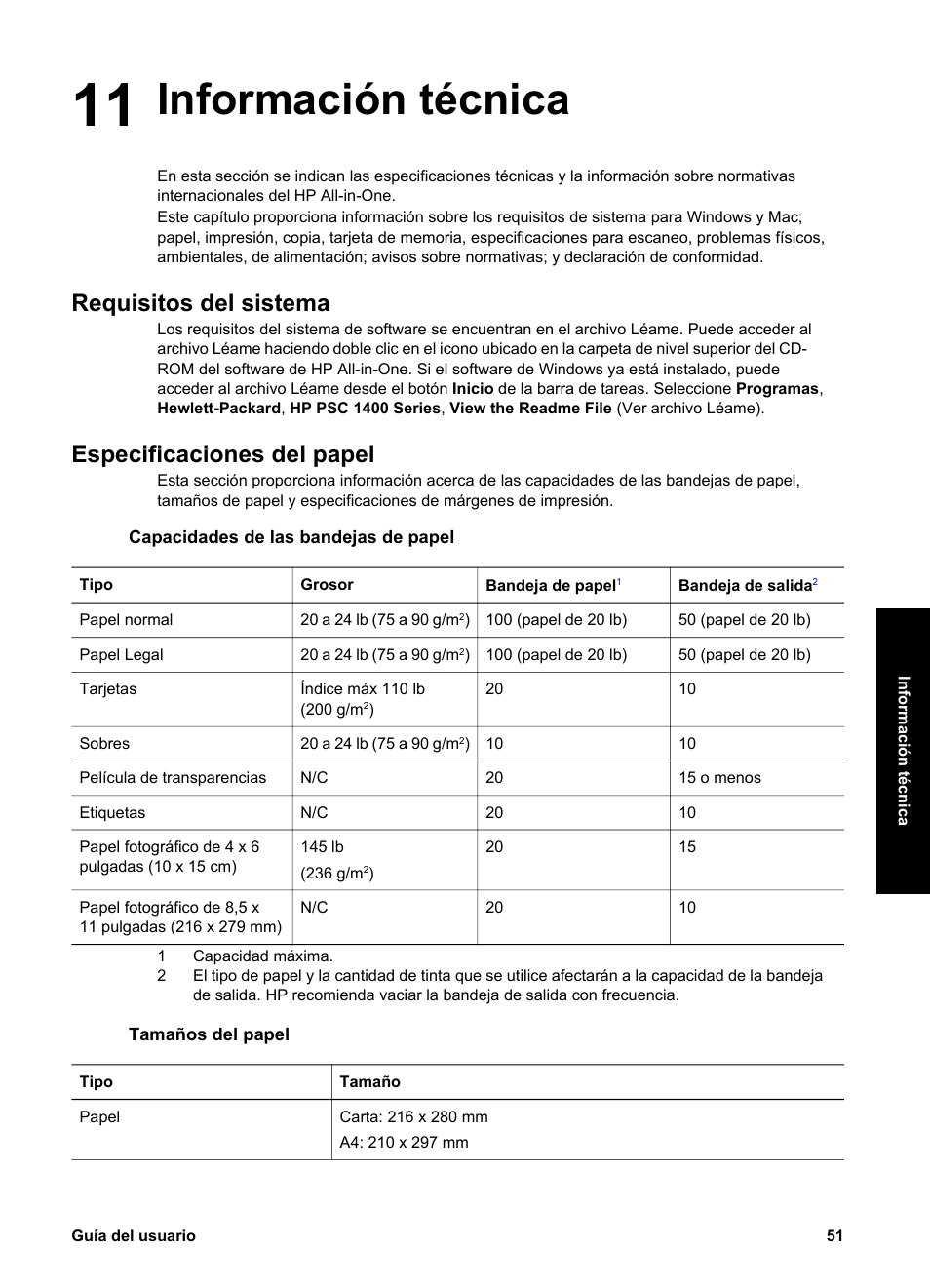 Información técnica, Requisitos del sistema, Especificaciones del papel | Capacidades de las bandejas de papel, Tamaños del papel, 11 información técnica, Requisitos del sistema especificaciones del papel | HP Equipo multifunción HP PSC 1417 Impresora Escáner Copiadora User Manual | Page 55 / 68