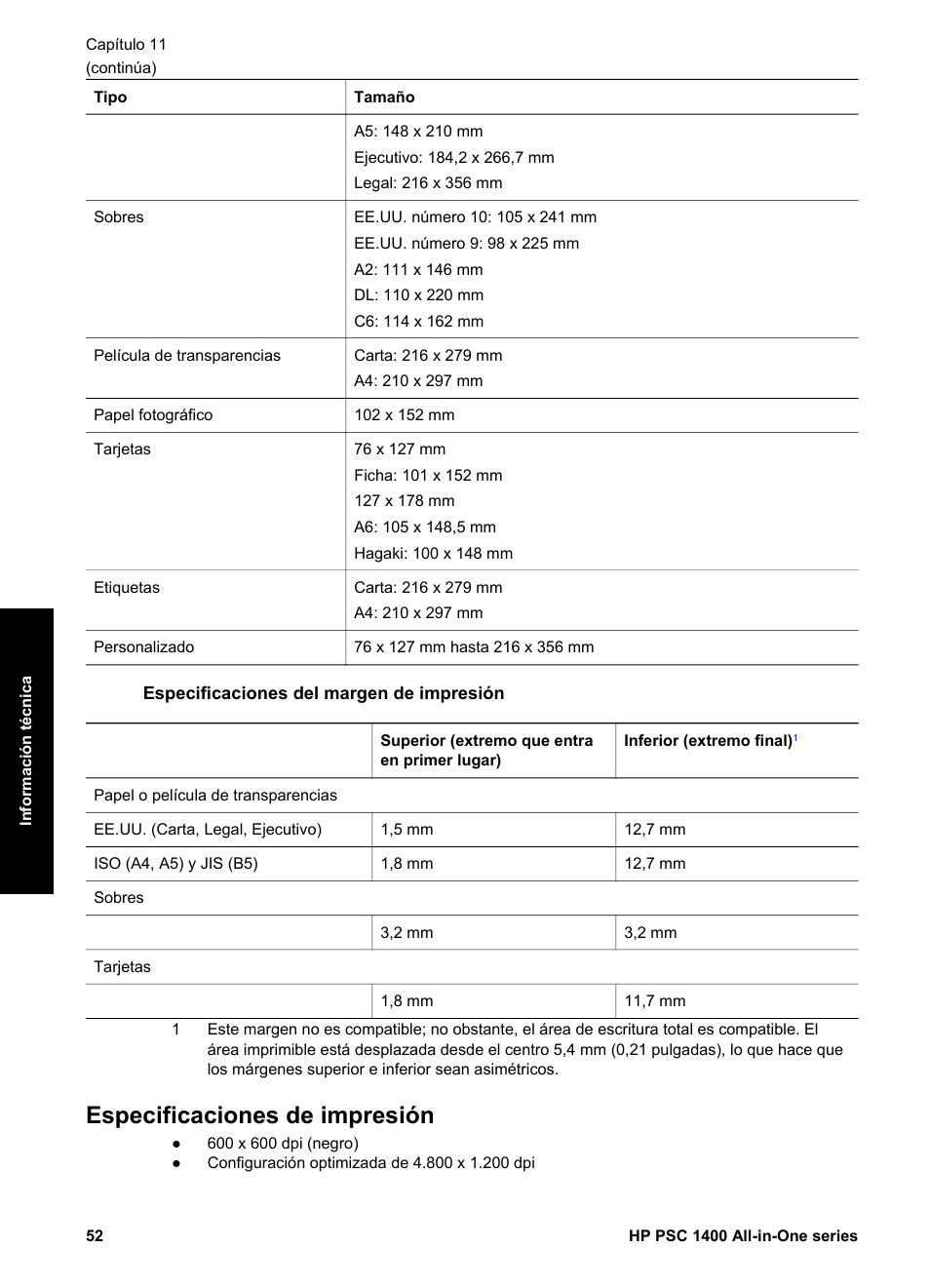 Especificaciones del margen de impresión, Especificaciones de impresión | HP Equipo multifunción HP PSC 1417 Impresora Escáner Copiadora User Manual | Page 56 / 68