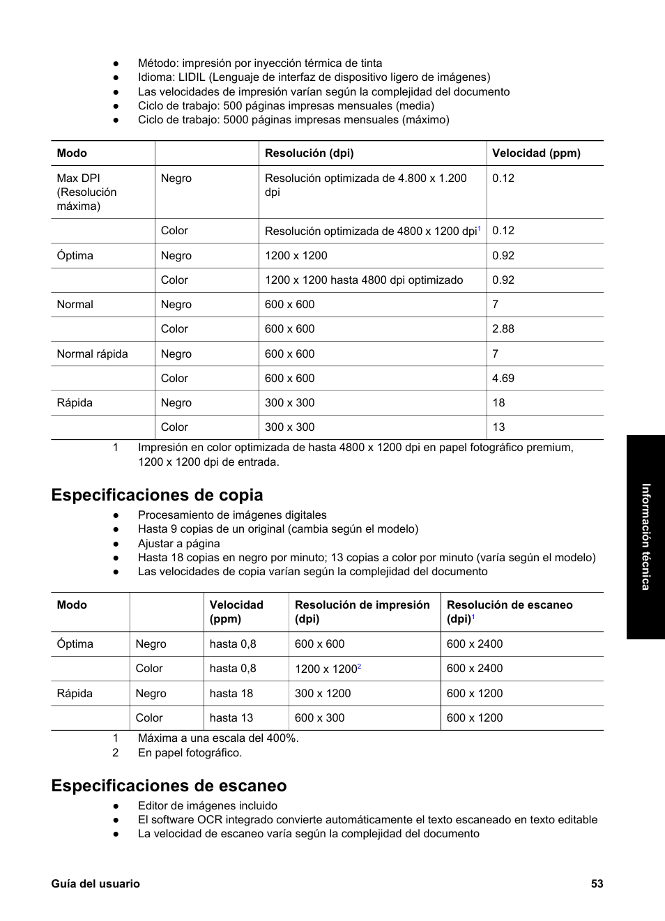 Especificaciones de copia, Especificaciones de escaneo | HP Equipo multifunción HP PSC 1417 Impresora Escáner Copiadora User Manual | Page 57 / 68