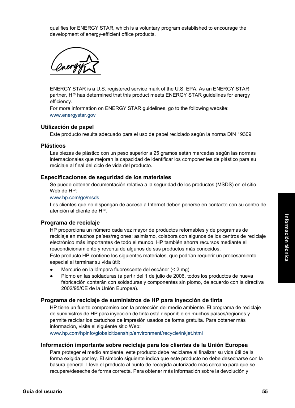 Utilización de papel, Plásticos, Especificaciones de seguridad de los materiales | Programa de reciclaje | HP Equipo multifunción HP PSC 1417 Impresora Escáner Copiadora User Manual | Page 59 / 68