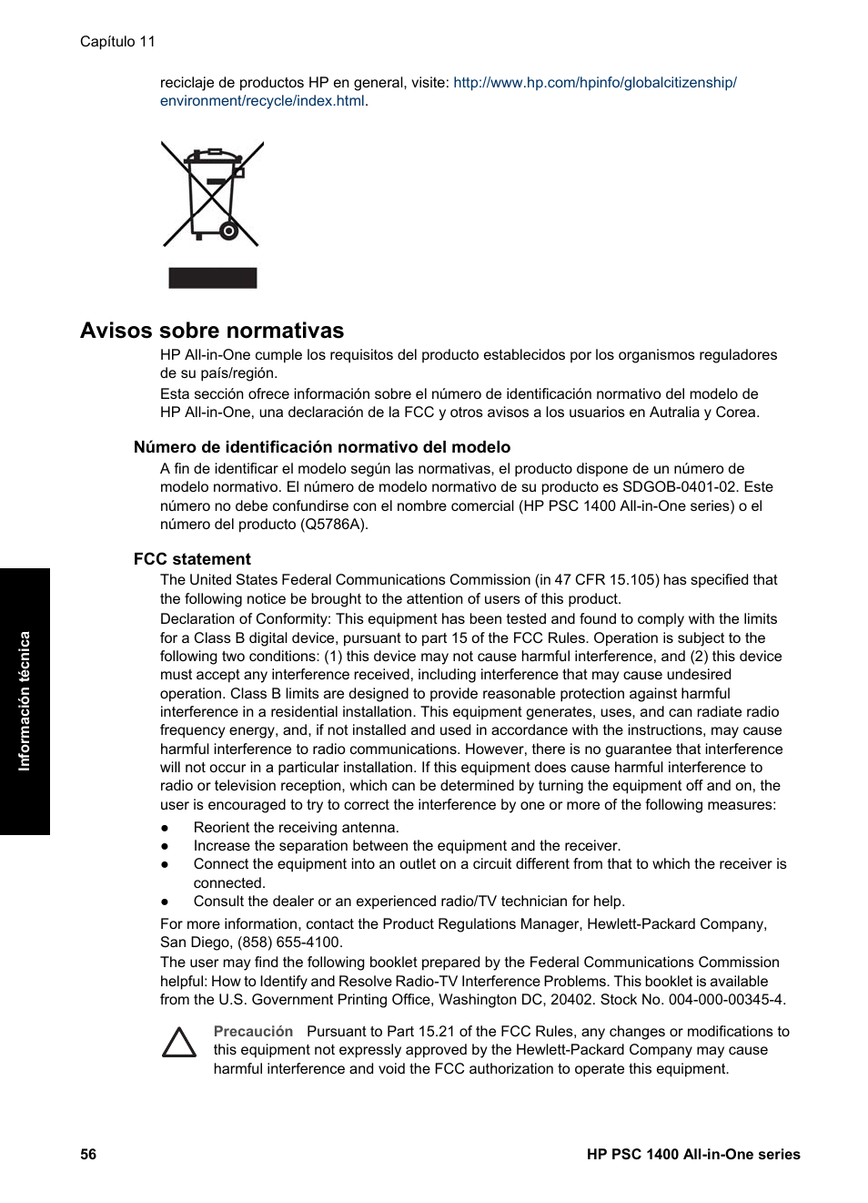 Avisos sobre normativas, Número de identificación normativo del modelo, Fcc statement | HP Equipo multifunción HP PSC 1417 Impresora Escáner Copiadora User Manual | Page 60 / 68