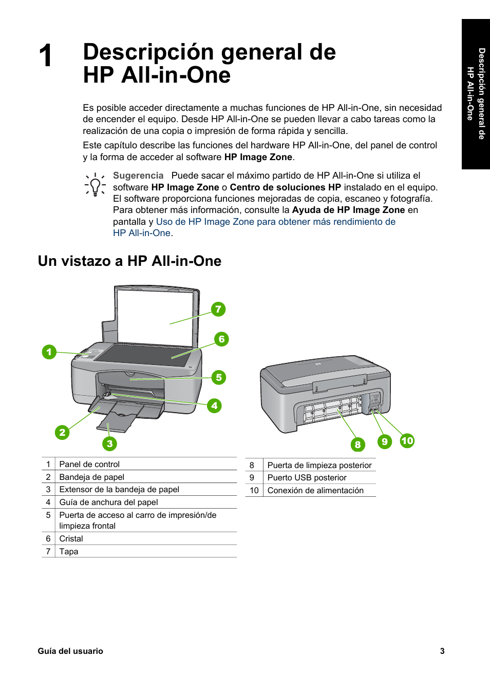 Descripción general de hp all‑in‑one, Un vistazo a hp all‑in‑one, Descripción general de hp all-in-one | Un vistazo a hp all-in-one | HP Equipo multifunción HP PSC 1417 Impresora Escáner Copiadora User Manual | Page 7 / 68