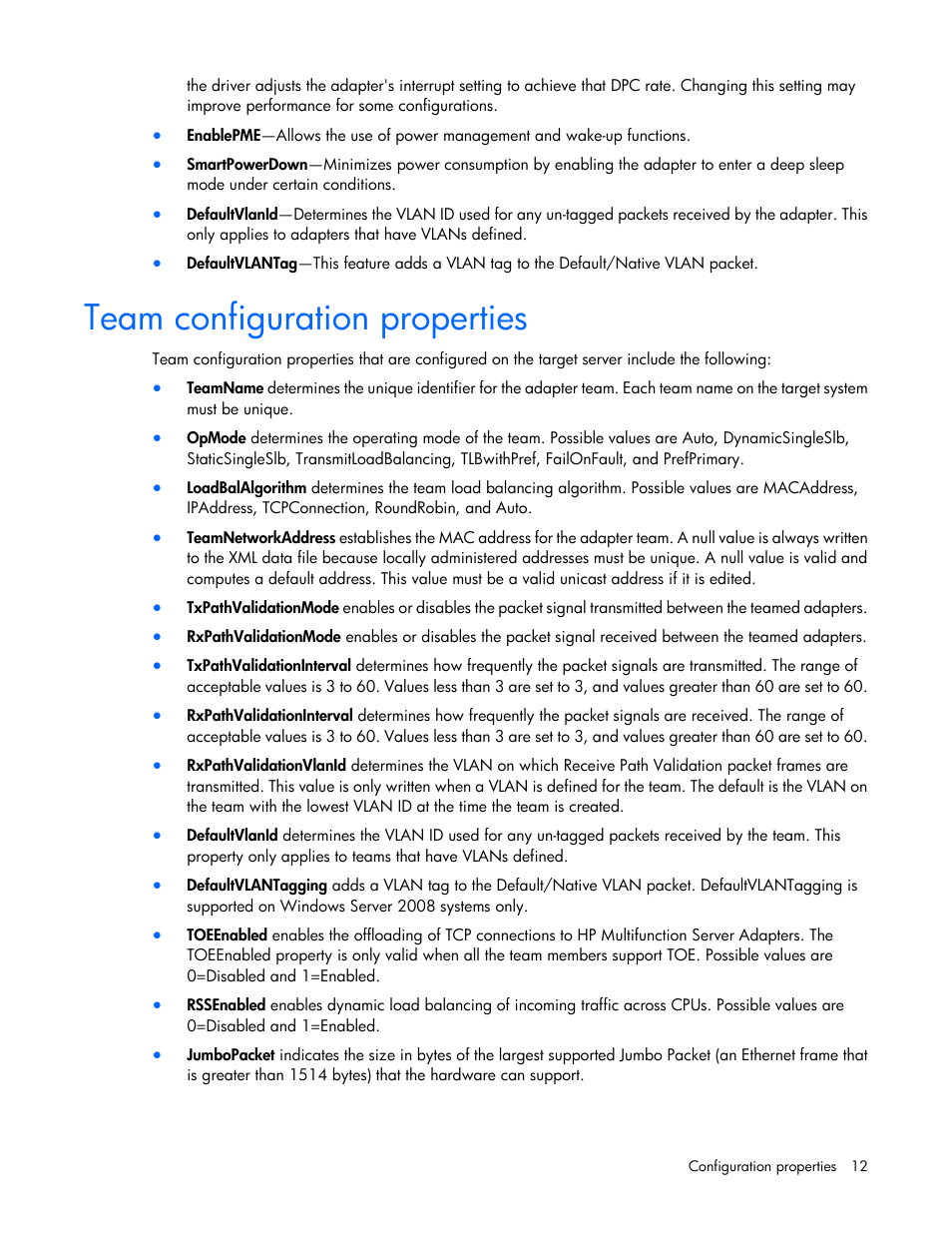 Team configuration properties | HP ProLiant Network Adapter Scripting Utility (User Guide) User Manual | Page 12 / 20