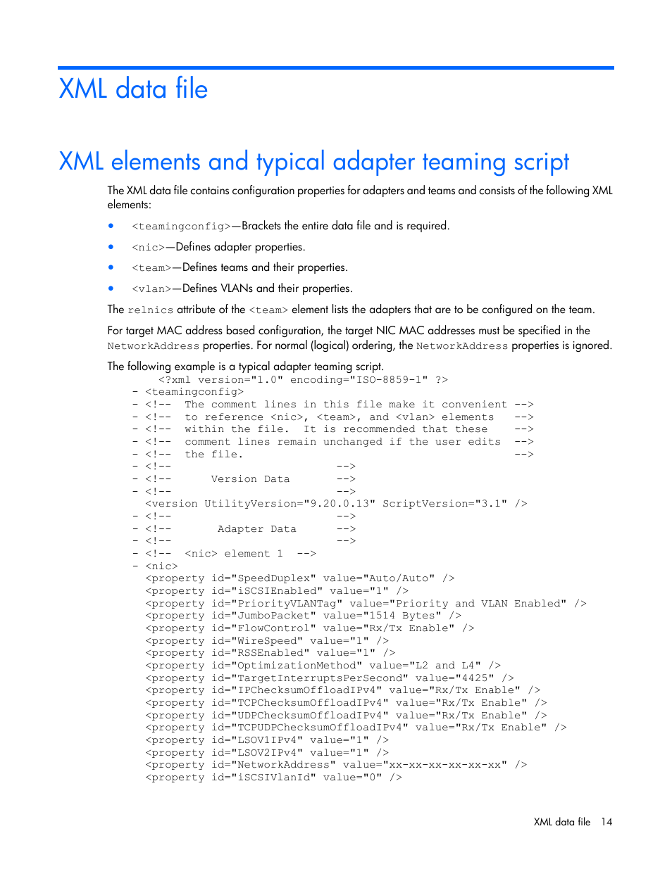 Xml data file, Xml elements and typical adapter teaming script | HP ProLiant Network Adapter Scripting Utility (User Guide) User Manual | Page 14 / 20