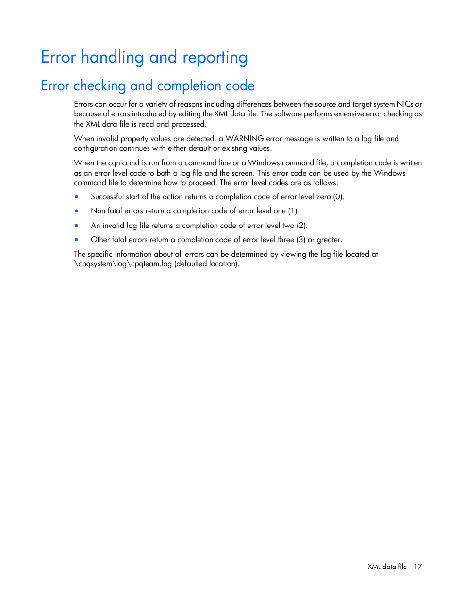 Error handling and reporting, Error checking and completion code | HP ProLiant Network Adapter Scripting Utility (User Guide) User Manual | Page 17 / 20