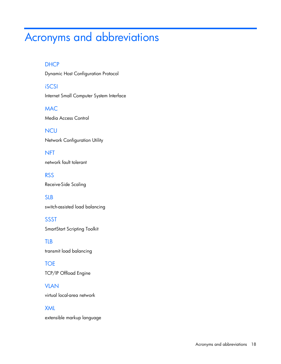 Acronyms and abbreviations | HP ProLiant Network Adapter Scripting Utility (User Guide) User Manual | Page 18 / 20