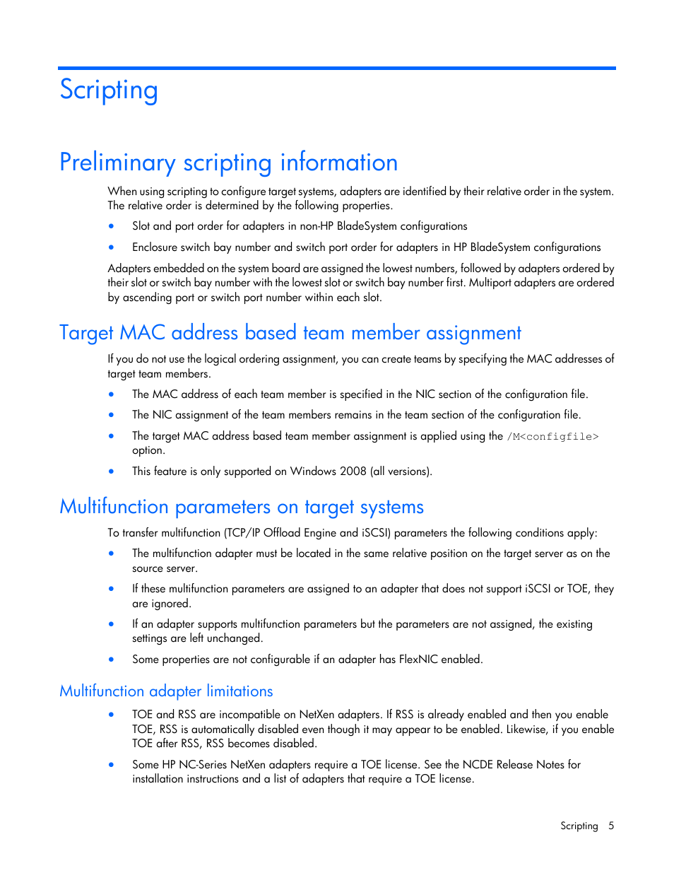 Scripting, Preliminary scripting information, Target mac address based team member assignment | Multifunction parameters on target systems, Multifunction adapter limitations | HP ProLiant Network Adapter Scripting Utility (User Guide) User Manual | Page 5 / 20
