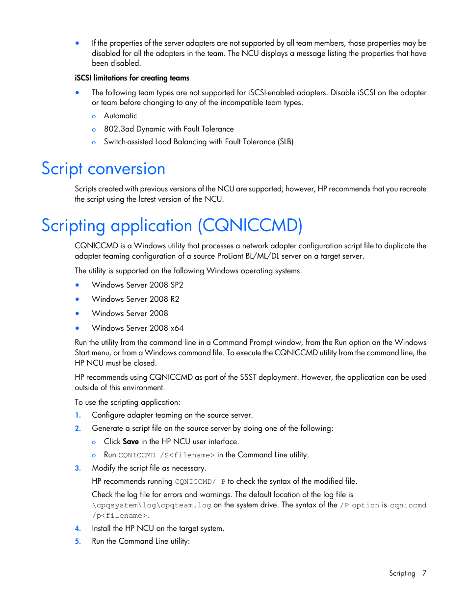 Script conversion, Scripting application (cqniccmd) | HP ProLiant Network Adapter Scripting Utility (User Guide) User Manual | Page 7 / 20